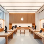 Modern minimalist Apple Store interior with natural wood display tables, warm LED lighting, and floor-to-ceiling windows showcasing sleek technology products in a luxury retail environment