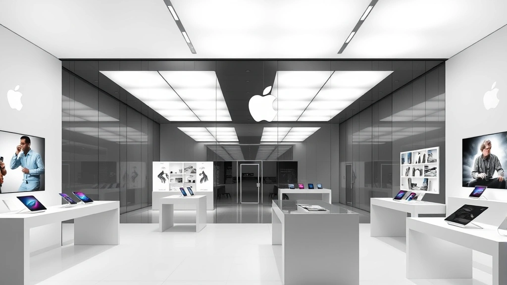 Sleek minimalist Apple Store interior with glass displays, white surfaces, and spotlit technology products arranged on varying heights, contemporary retail design