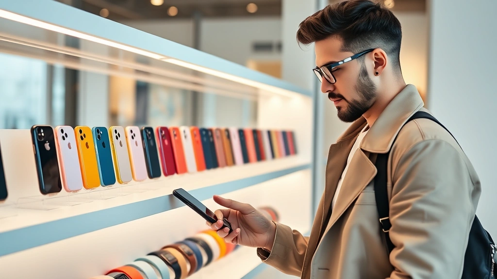 Fashion-conscious customer examining colorful iPhone cases and Apple Watch bands displayed on elegant white shelving with natural lighting