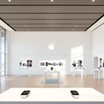Luxury Apple Store interior with minimalist design, floor-to-ceiling windows, sleek white tables displaying iPhones and Apple Watches, natural light, premium finishes, sophisticated retail environment, Newport Beach aesthetic