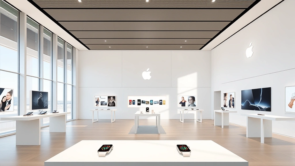 Luxury Apple Store interior with minimalist design, floor-to-ceiling windows, sleek white tables displaying iPhones and Apple Watches, natural light, premium finishes, sophisticated retail environment, Newport Beach aesthetic