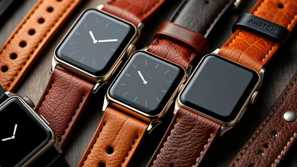 Close-up of premium Apple Watch bands in leather and titanium, arranged by color palette showing blacks, cognacs, natural tones, luxury materials, fashion-forward accessories display, professional product photography