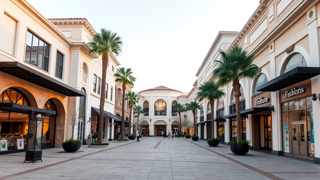 Fashion Island shopping district exterior view showing upscale storefronts, architectural elegance, luxury retailers, modern design, daytime lighting, sophisticated shopping destination, premium retail environment
