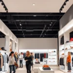 Modern fashion retail store interior with contemporary clothing displays, soft lighting, and minimalist white shelving showcasing trendy apparel and accessories, customers browsing casually