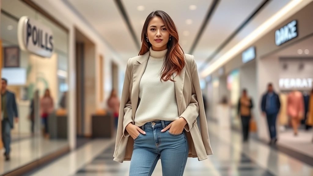 Stylish woman in neutral-toned outfit from contemporary fashion brand, wearing well-fitted jeans, cream-colored sweater, and structured blazer, standing confidently in shopping mall corridor