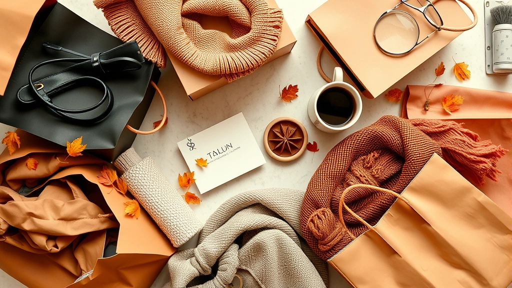 Overhead view of fashion shopping bags and purchases arranged artfully with autumn-toned clothing pieces visible, coffee cup nearby, suggesting successful retail therapy at upscale mall