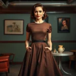 Woman wearing 1950s tailored dress with cinched waist and full skirt, posed elegantly in vintage-inspired setting with retro furniture, professional lighting, high-fashion editorial style, warm color palette