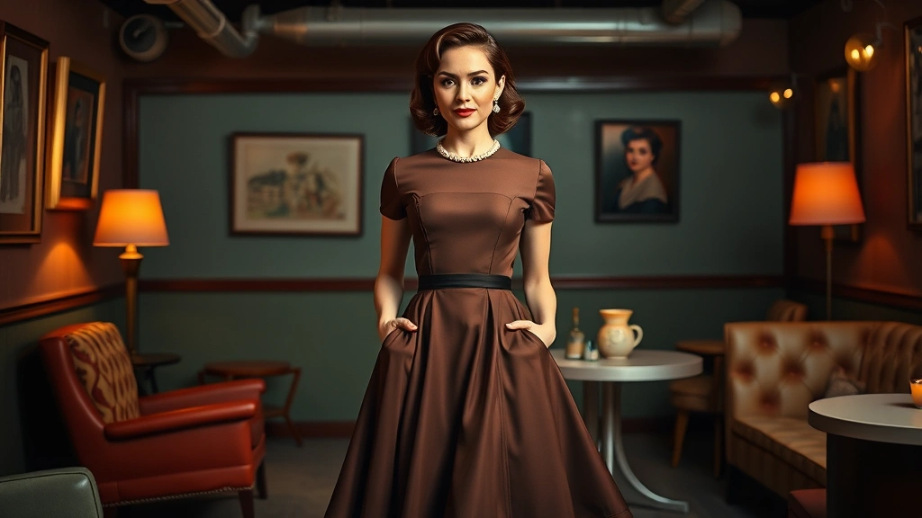 Woman wearing 1950s tailored dress with cinched waist and full skirt, posed elegantly in vintage-inspired setting with retro furniture, professional lighting, high-fashion editorial style, warm color palette