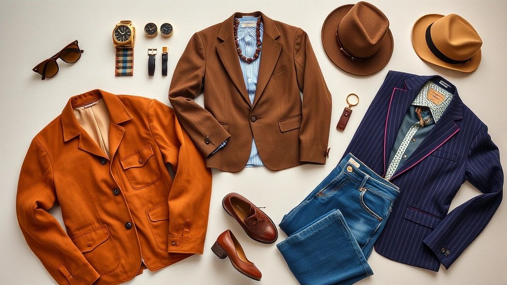 Overhead flat lay of curated vintage fashion pieces including 1970s suede jacket, classic blazer, quality denim, and vintage accessories arranged artistically on neutral background, professional product photography