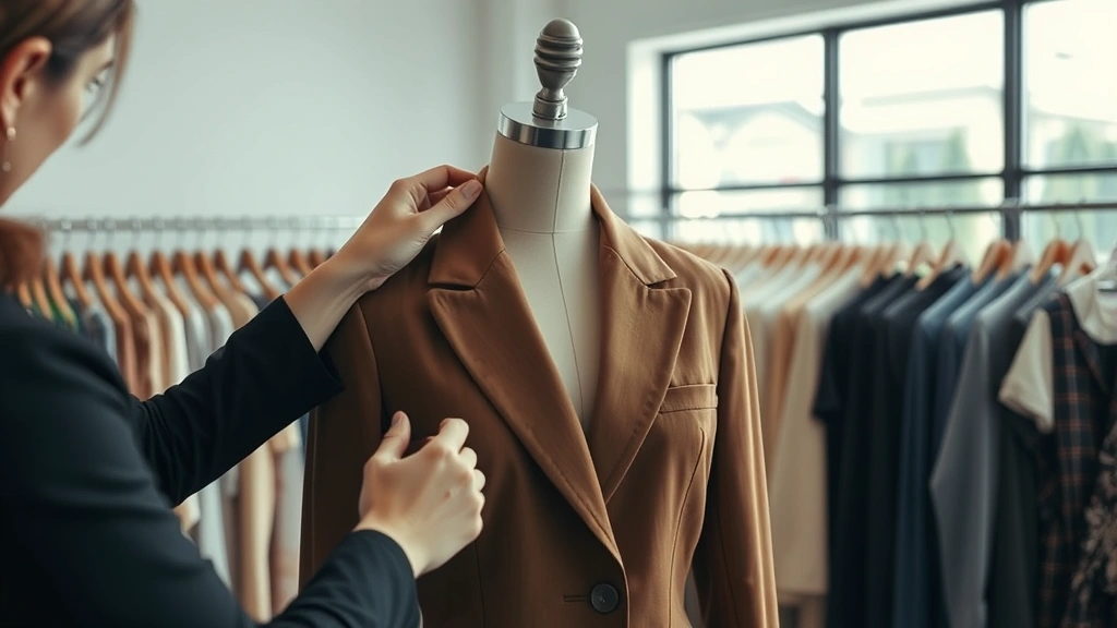 Fashion stylist arranging vintage pieces in boutique, hands styling 1980s blazer on dress form, organized vintage clothing racks in background, natural daylight, behind-the-scenes fashion editorial aesthetic