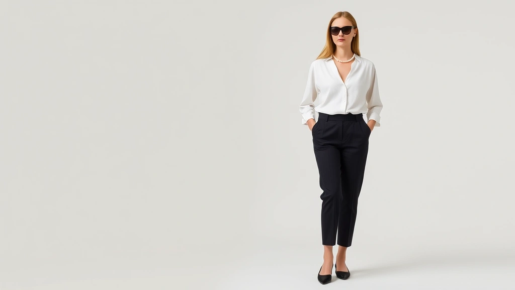 Elegant woman wearing tailored black capri pants, white silk blouse, oversized dark sunglasses, pearl necklace, ballet flats, standing against neutral background, sophisticated minimalist fashion aesthetic, natural lighting, refined grooming