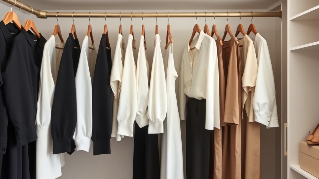 Organized fashion closet displaying neutral-colored garments including black pieces, white blouses, cream dresses, tailored trousers, hanging neatly, minimal accessories visible, quality fabrics, organized wardrobe essentials, natural light, curated elegance