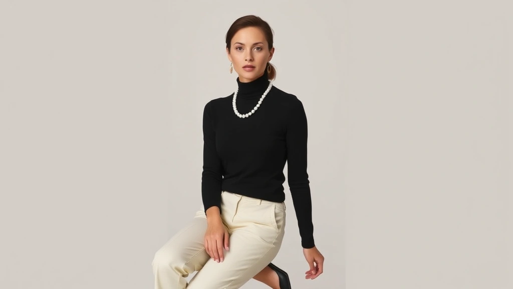 Woman wearing classic black turtleneck sweater, cream tailored trousers, ballet flats, pearl necklace, minimal accessories, sophisticated neutral palette, posed elegantly, professional fashion photography