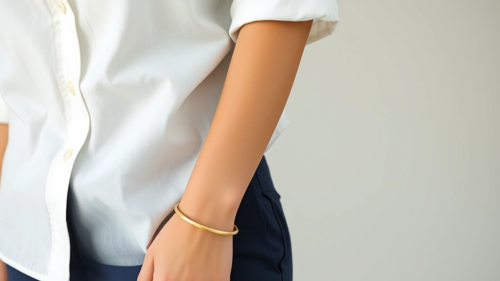 Close-up of woman in white crisp button-down shirt, high-waisted navy trousers, delicate gold bracelet, pearl earrings, clean simple styling, natural lighting, timeless elegant aesthetic
