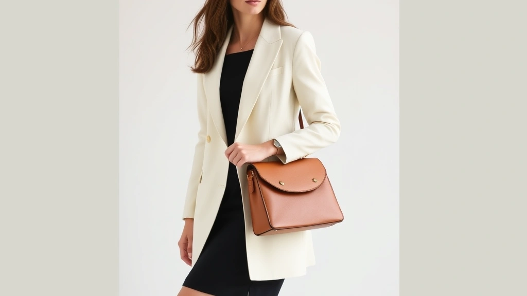 Woman in tailored cream blazer over black dress, simple leather handbag, ballet flats, effortless chic styling, minimal jewelry, graceful pose, soft natural lighting, sophisticated fashion editorial