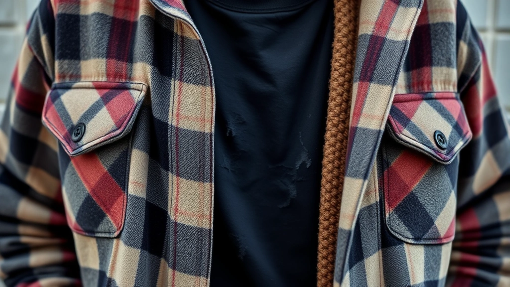 Close-up of layered grunge outfit with oversized plaid flannel shirt unbuttoned over distressed black band t-shirt, showing worn denim and chunky knit sweater, natural lighting, photorealistic, fashion photography style