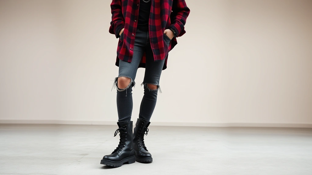 Full-body shot of person wearing authentic grunge ensemble: oversized burgundy flannel, ripped knee denim, heavy black combat boots, minimal silver chain necklace, tousled dark hair, indoor studio setting with neutral background