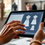 Close-up of a designer's hands using a digital tablet with CAD software open, showing technical garment patterns and measurements, modern fashion studio lighting, professional workspace with color swatches visible