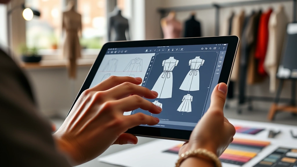 Close-up of a designer's hands using a digital tablet with CAD software open, showing technical garment patterns and measurements, modern fashion studio lighting, professional workspace with color swatches visible