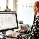 Fashion designer working at computer displaying technical pattern drawings and measurements, professional studio environment with fabric swatches visible, natural lighting