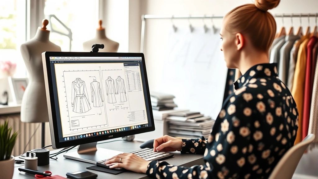 Fashion designer working at computer displaying technical pattern drawings and measurements, professional studio environment with fabric swatches visible, natural lighting