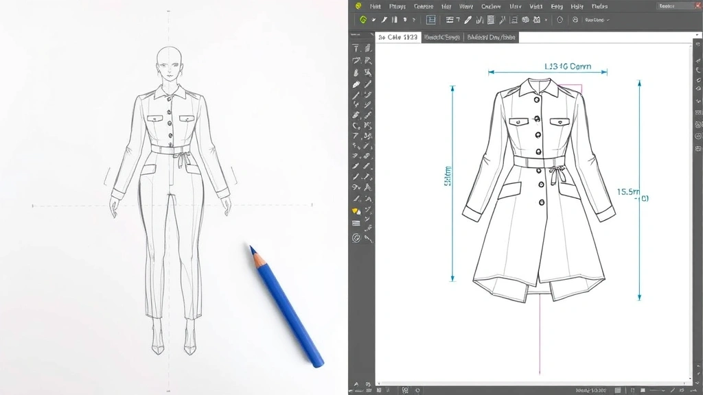Split-screen comparison showing left side: traditional hand-drawn fashion sketch in pencil and markers, right side: digital technical drawing of same garment in CAD software with precise measurements