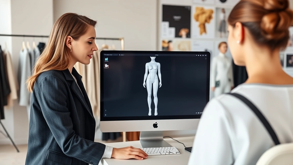 Fashion designer reviewing 3D virtual garment prototype on computer monitor showing draping and fit on digital model, contemporary studio setting with fabric samples and mood boards in background