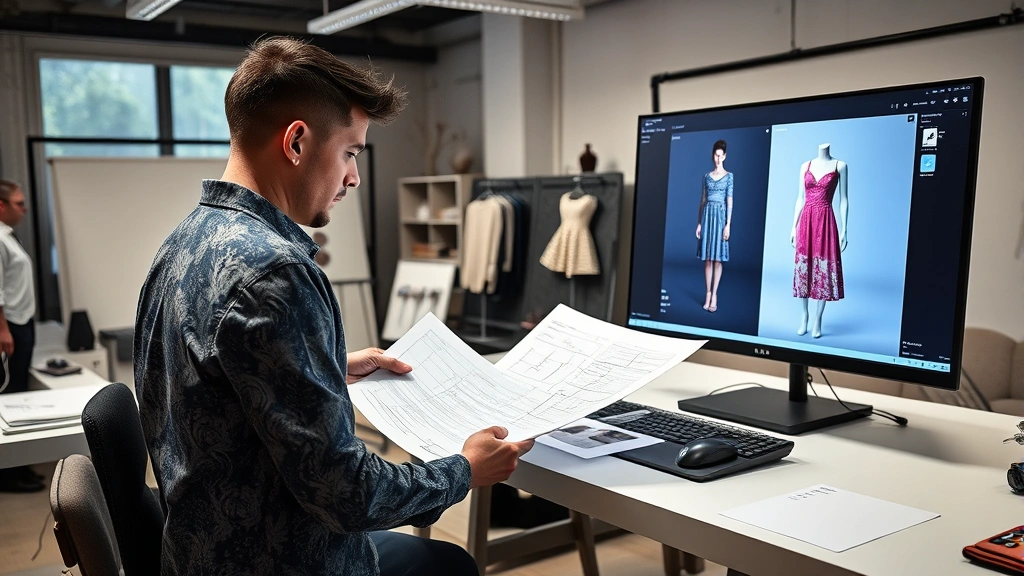 Professional fashion studio workspace with designer reviewing printed technical specifications and pattern layouts alongside digital display of 3D garment visualization