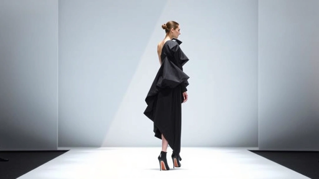 Asymmetrical black avant-garde garment with exaggerated shoulder structure, worn on minimalist white runway, dramatic side-lighting creating sharp shadows, model in profile showcasing geometric silhouette