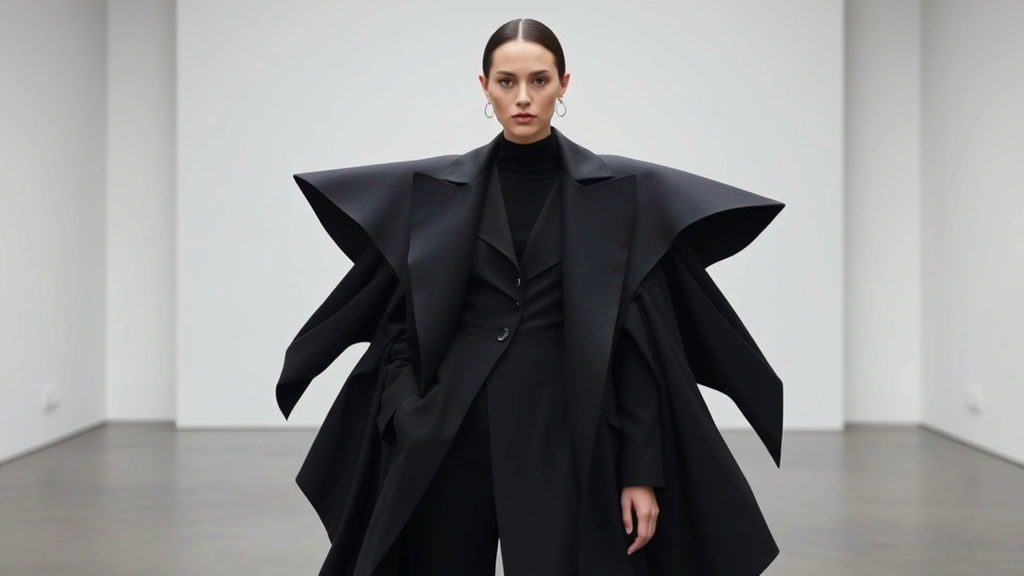 An avant-garde outfit featuring a dramatic architectural coat with exaggerated shoulder proportions and flowing fabric panels in monochromatic tones, paired with minimalist understated accessories, photographed in a gallery-like setting with clean white walls.