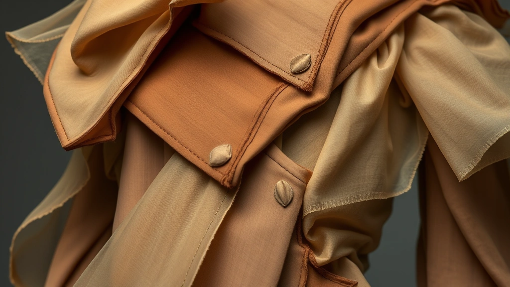 Deconstructed haute couture piece featuring exposed seams and raw edges, layered transparent and opaque fabrics in earth tones, architectural draping creating three-dimensional form, close-up detail shot