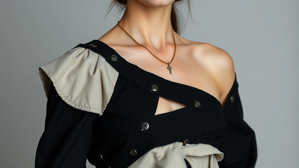 A close-up of an experimental fashion piece showing intricate deconstructed seaming, unexpected fabric combinations, and unconventional construction details, styled with minimalist jewelry and worn with confident posture against a neutral background.