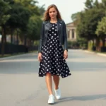 Woman wearing 1950s-inspired A-line dress with modern white sneakers and leather jacket, vintage meets contemporary styling, confident pose, natural lighting, fashion photography