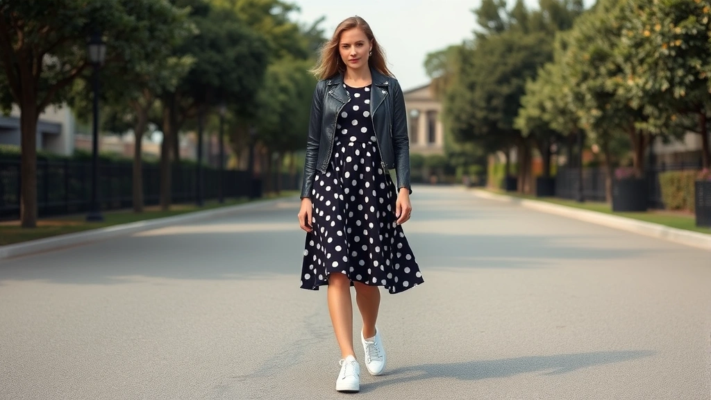 Woman wearing 1950s-inspired A-line dress with modern white sneakers and leather jacket, vintage meets contemporary styling, confident pose, natural lighting, fashion photography