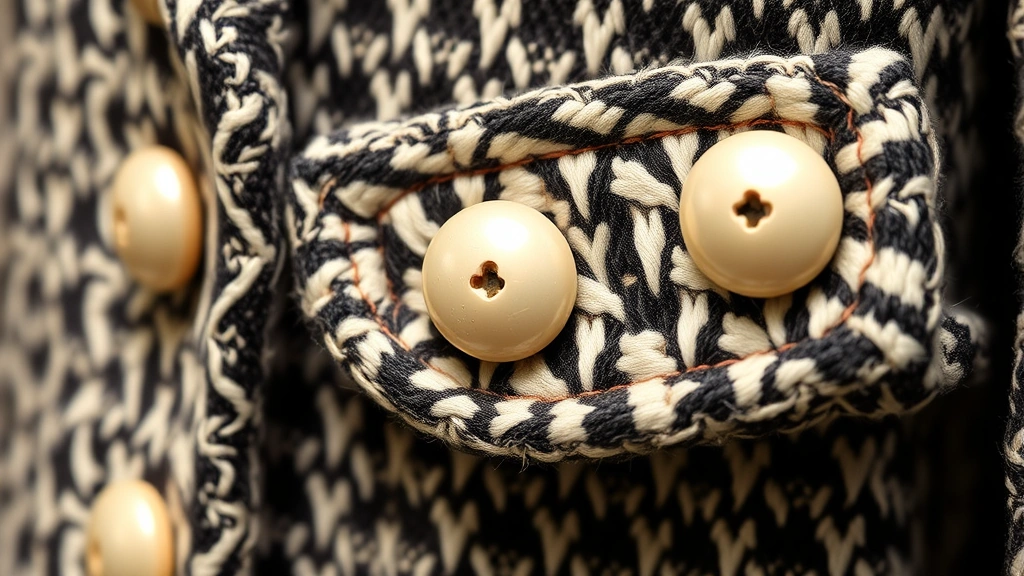 Close-up of vintage Chanel tweed jacket with detailed hand-stitching, quality fabric texture, pearl buttons, professional product photography, showing craftsmanship details