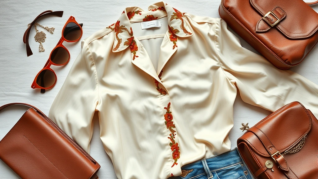 Fashion styling flat lay with vintage 1970s silk blouse, classic 1960s sunglasses, vintage leather handbag, contemporary accessories arranged artfully, natural daylight photography
