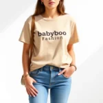 Young woman wearing casual Babyboo Fashion basics including neutral-tone t-shirt and fitted jeans, styled with minimal accessories, standing in natural light against white background, showcasing everyday wear versatility