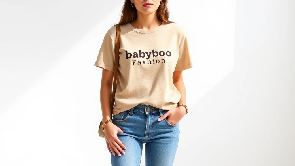 Young woman wearing casual Babyboo Fashion basics including neutral-tone t-shirt and fitted jeans, styled with minimal accessories, standing in natural light against white background, showcasing everyday wear versatility