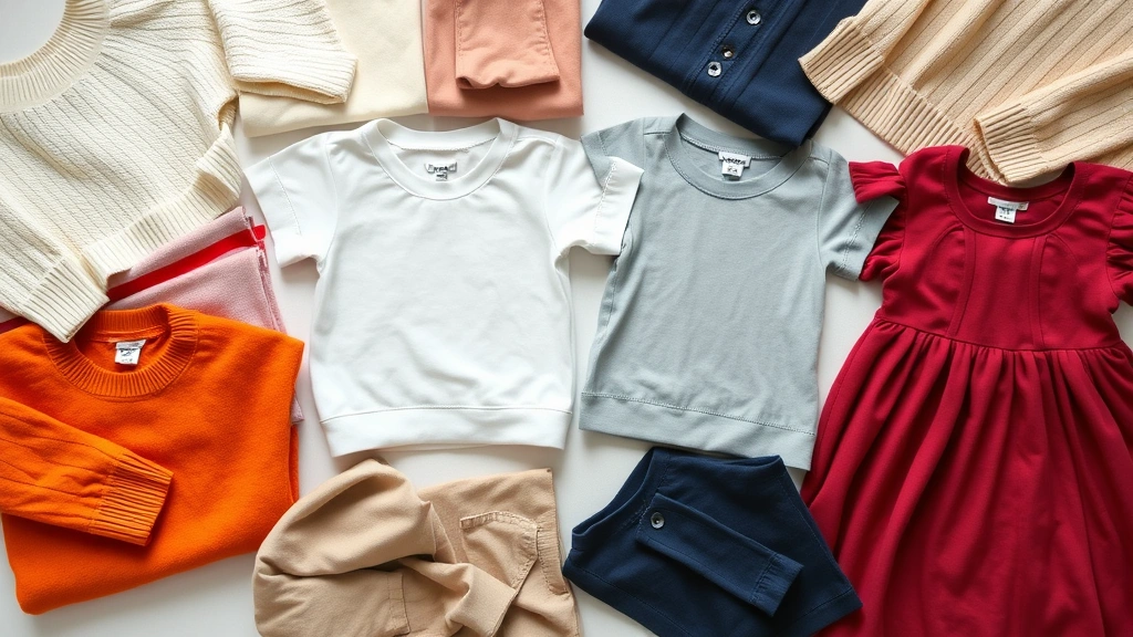 Flat lay arrangement of Babyboo Fashion clothing items including sweaters, basic tees, and casual dresses in various colors, neatly folded and arranged to display collection diversity and fabric quality, professional photography