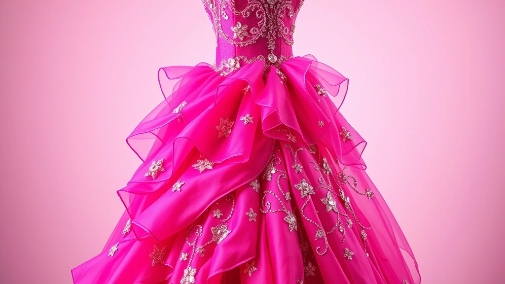 Close-up of an elaborate hot pink ball gown with intricate sequin embellishments and flowing layers, photographed on a dress form against a soft gradient background, studio lighting highlighting the fabric texture and sparkle
