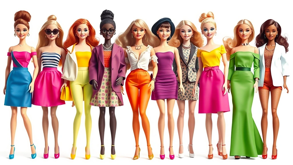 Fashion illustration style photograph of a diverse group of Barbie dolls wearing different contemporary outfits from various decades, arranged in a fashion lineup showcasing color variety and silhouette evolution