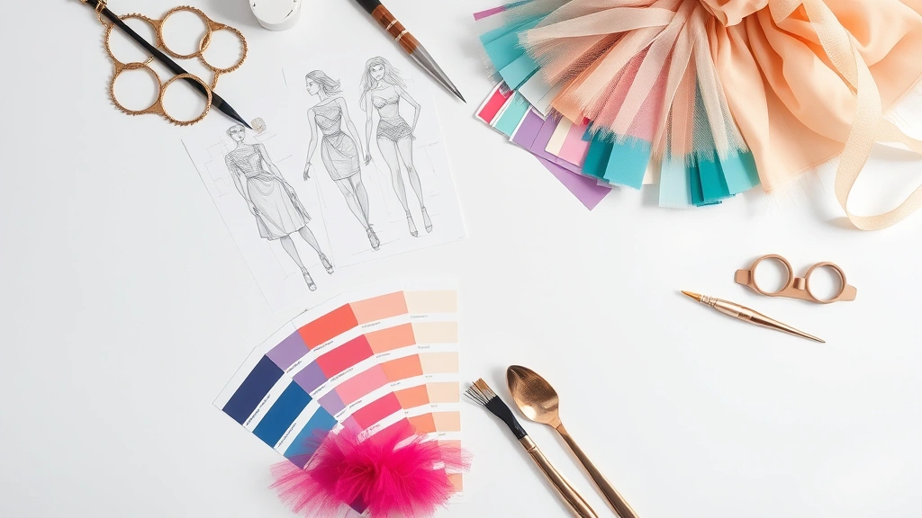 Overhead flat lay of fashion design sketches, color swatches in jewel tones and pastels, fabric samples including tulle and silk, and design tools arranged artistically on a white surface with natural lighting