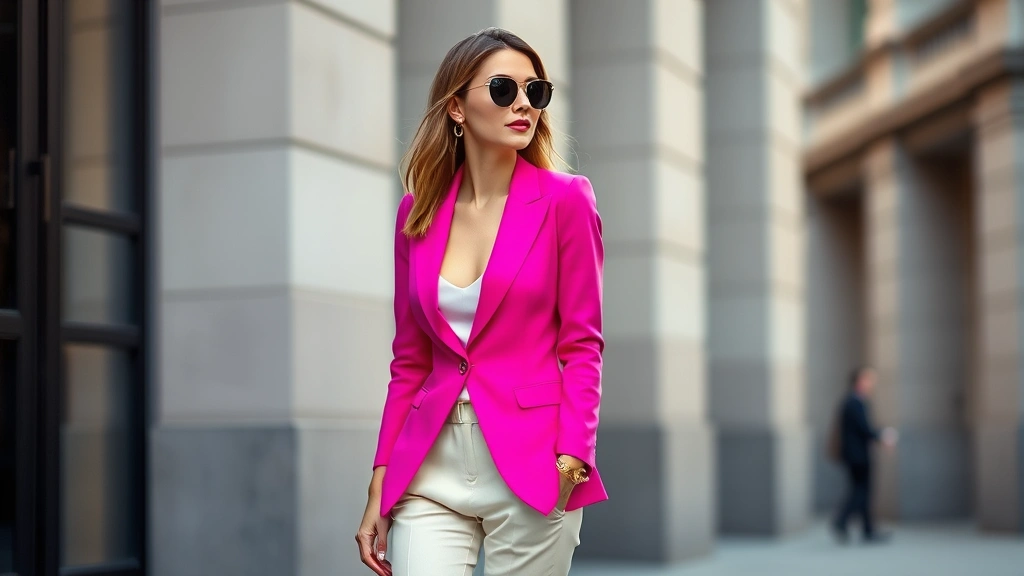 Vibrant hot pink tailored blazer paired with neutral cream trousers, styled with oversized sunglasses and gold accessories, modern street style aesthetic, natural daylight photography