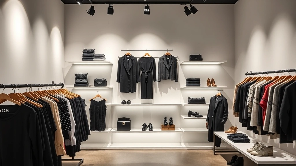 Curated boutique display featuring bold, minimalist fashion pieces with dramatic lighting, showcasing independent designer collections on clean shelving