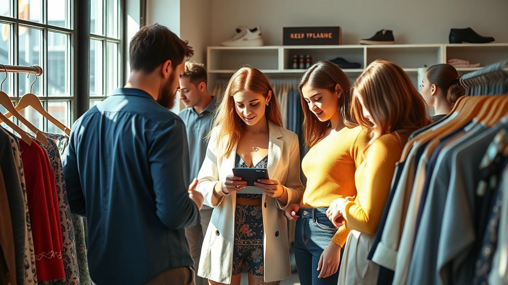 Diverse group of fashion enthusiasts browsing independent boutique, examining pieces with careful attention, natural window lighting creating warm ambiance in trendy retail space