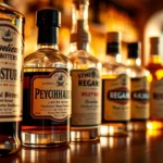 Close-up of premium bitters bottles lined up on wooden bar counter with soft golden lighting, showing Angostura, Peychaud's, and Regan's labels clearly visible, professional bartending setup