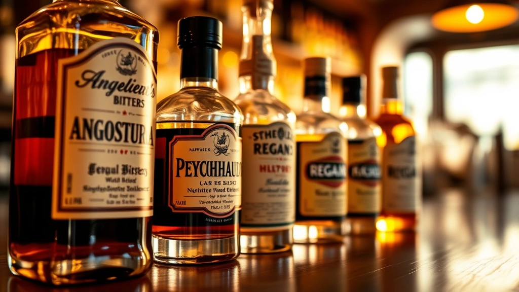 Close-up of premium bitters bottles lined up on wooden bar counter with soft golden lighting, showing Angostura, Peychaud's, and Regan's labels clearly visible, professional bartending setup