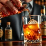 Professional bartender carefully measuring aromatic bitters into crystal Old Fashioned glass with whiskey and ice, dramatic bar lighting, close-up of bitters bottle labels and botanical ingredients
