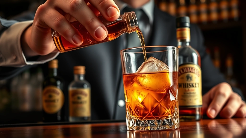 Professional bartender carefully measuring aromatic bitters into crystal Old Fashioned glass with whiskey and ice, dramatic bar lighting, close-up of bitters bottle labels and botanical ingredients