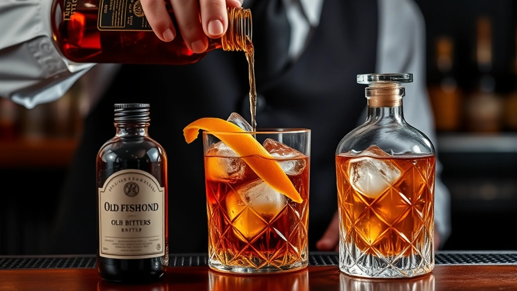 Bartender's hands pouring Old Fashioned cocktail with ice and orange peel garnish into crystal glass, bitters bottle with dasher top in foreground, amber liquid catching light